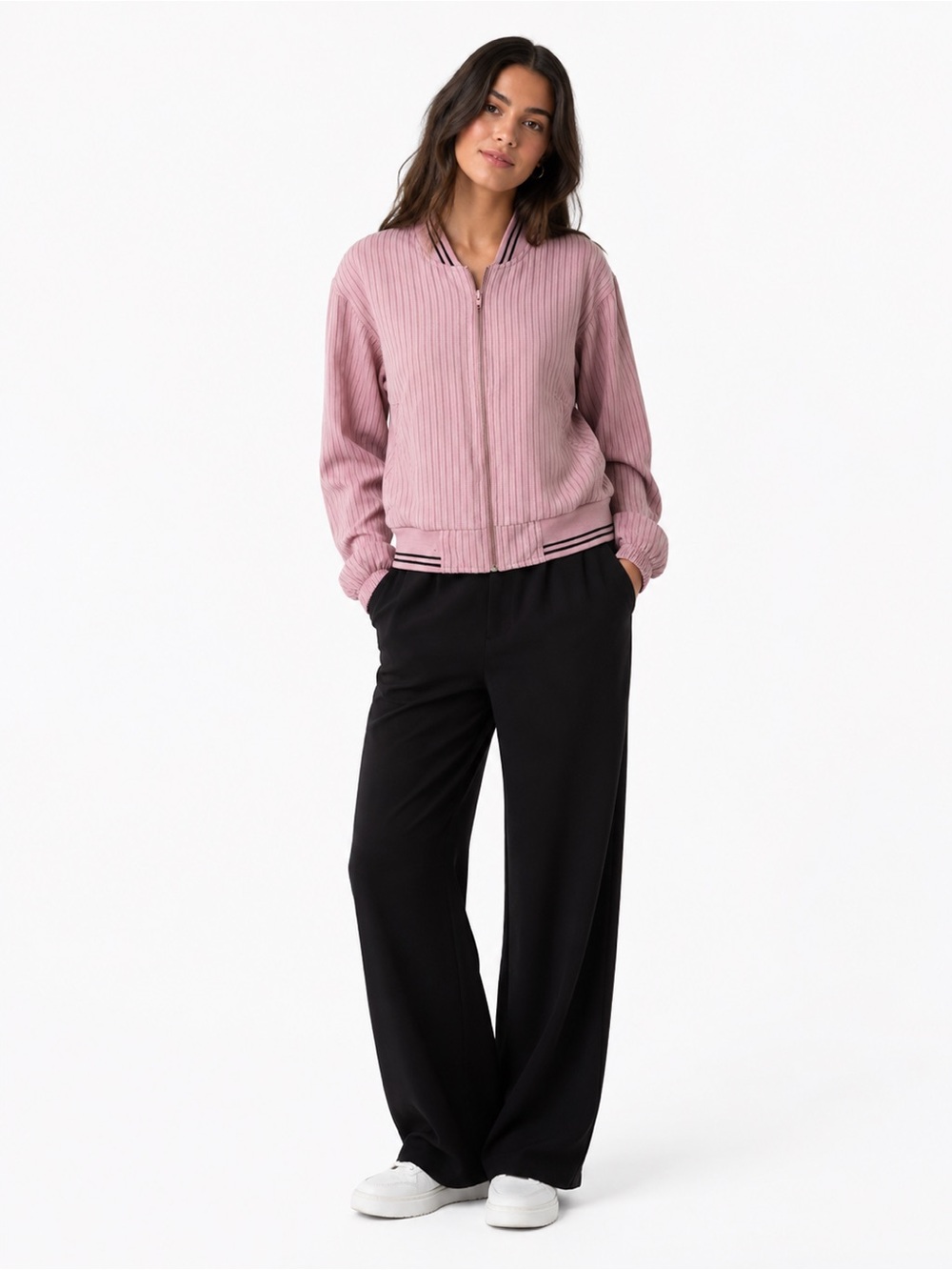 Ribbed Zip Bomber Jacket in Dusty Rose